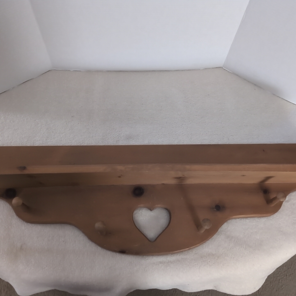 Vintage Wood Shelf With Heart Cut OutWall Shelf With 4 Pegs - 35” - Picture 7 of 7